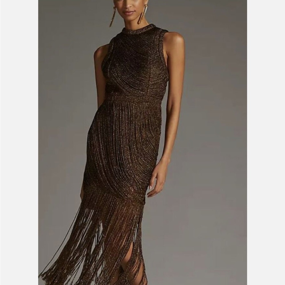 Anthropologie Metallic Bronze Fringe Midi Dress